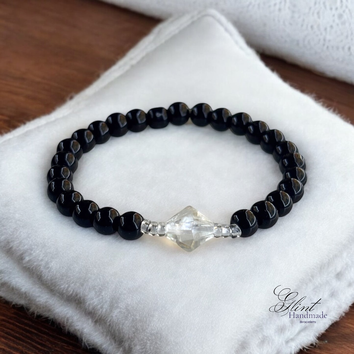 Black Bead Bracelet with Acrylic Crystal Bead