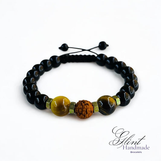 Glint Handmade Black Glass Beads Bracelet with Tiger Eye, Rudraksha, and Brass Bolt Spacers