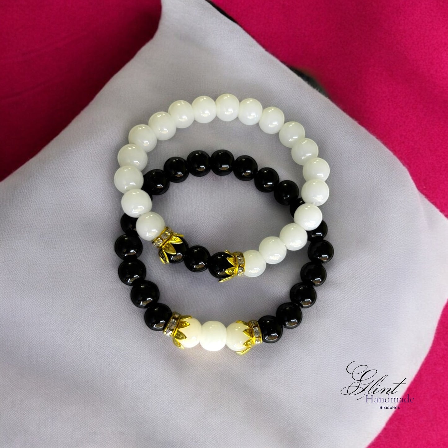 Couple/Friendship Bracelet Set- Black & White Beads with Gold Crown Accents (Set of 2)