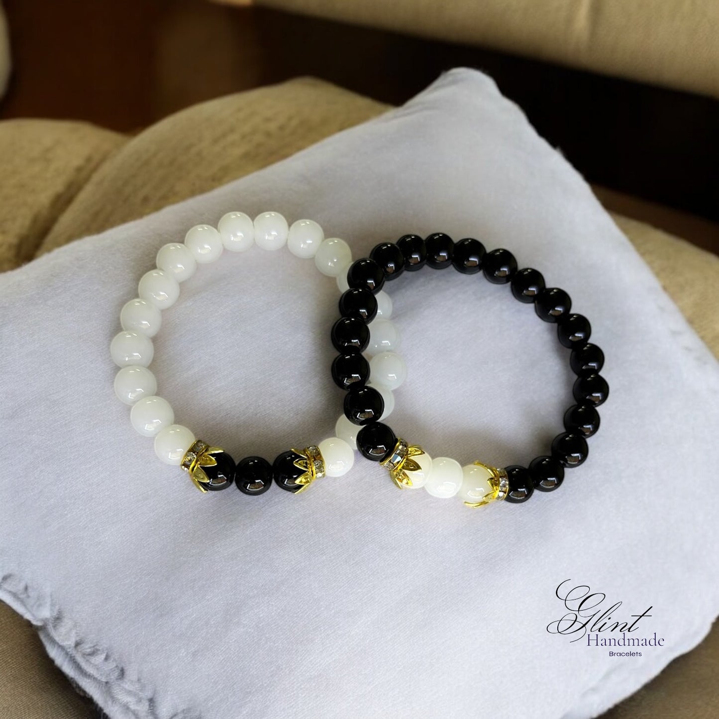 Couple/Friendship Bracelet Set- Black & White Beads with Gold Crown Accents (Set of 2)