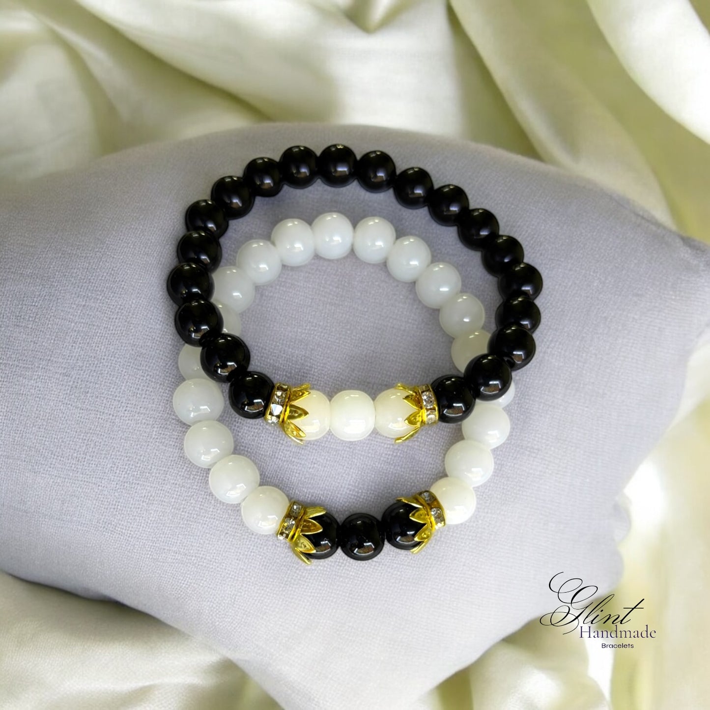 Couple/Friendship Bracelet Set- Black & White Beads with Gold Crown Accents (Set of 2)