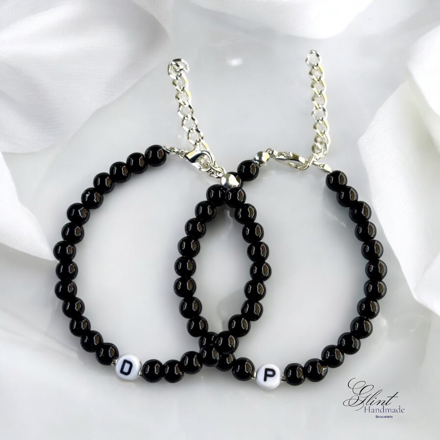 Personalized Black Beaded Initial Bracelets – Set of Two