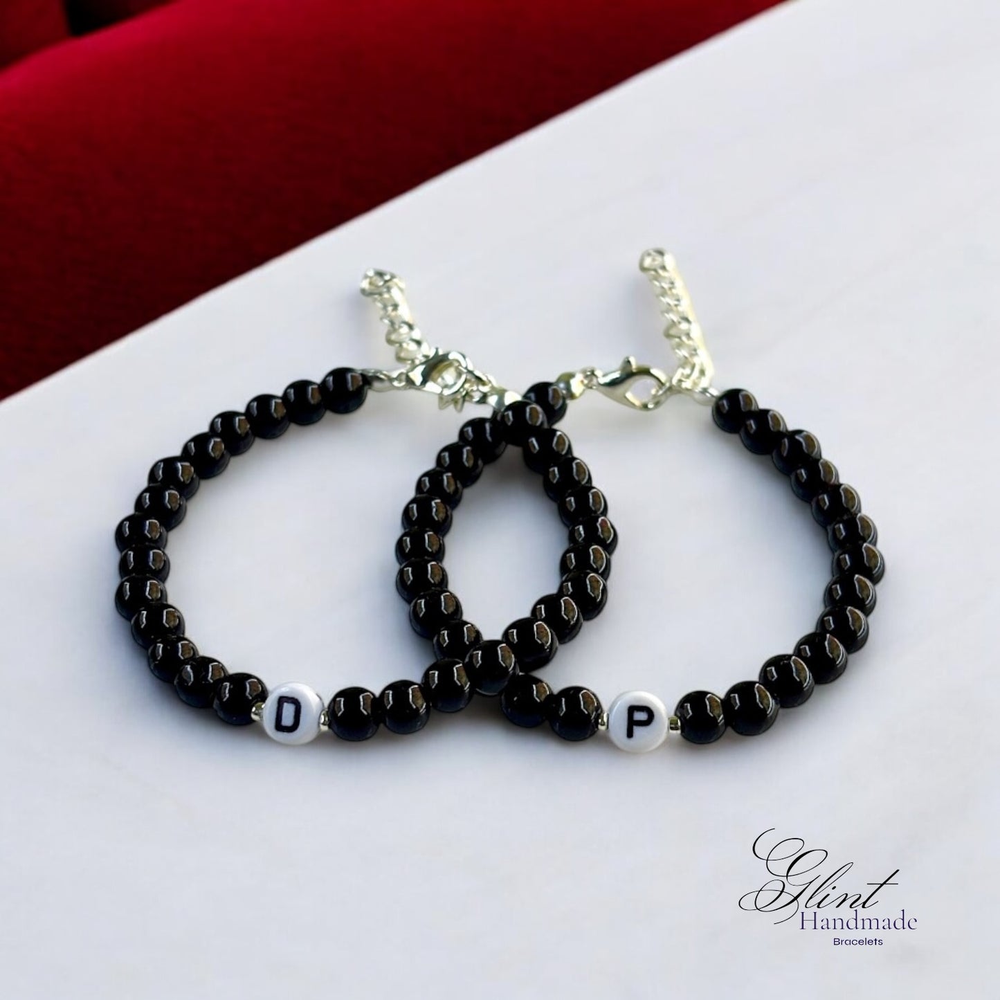 Personalized Black Beaded Initial Bracelets – Set of Two