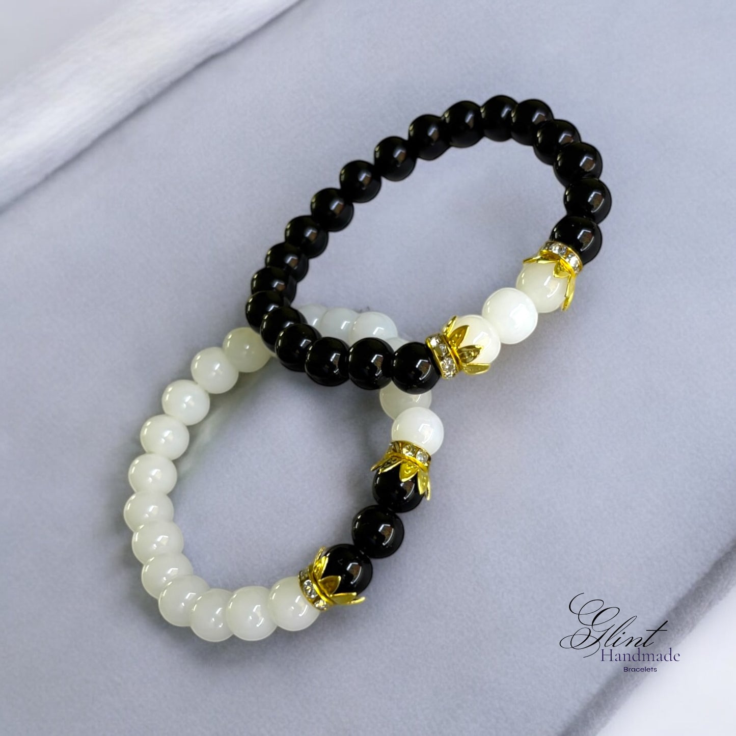 Couple/Friendship Bracelet Set- Black & White Beads with Gold Crown Accents (Set of 2)