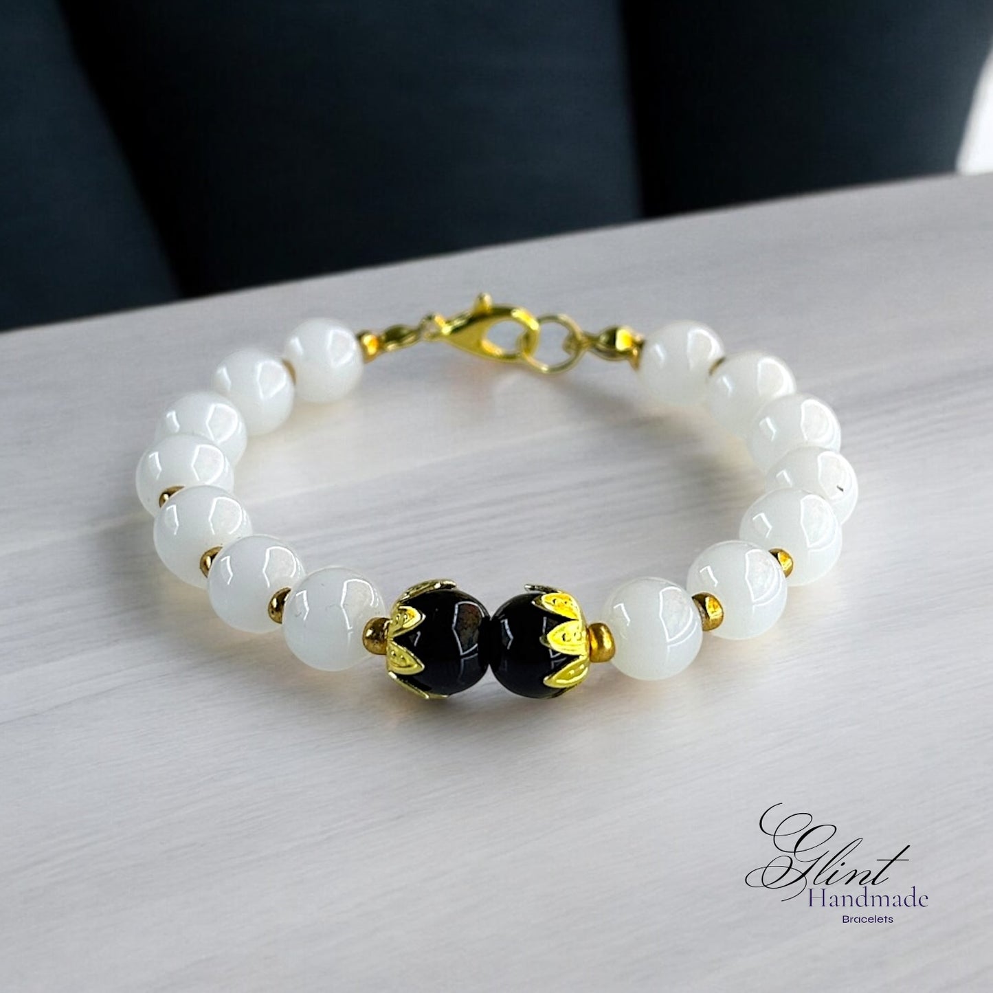 Royal Contrast White & Black Beaded Bracelet