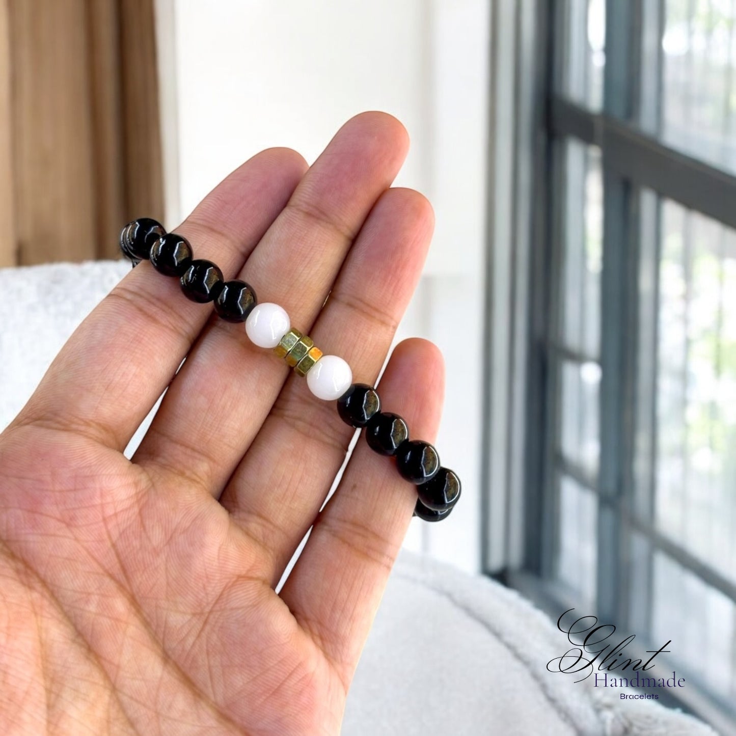 Black and White Bead Macrame Bracelet with Gold Accents