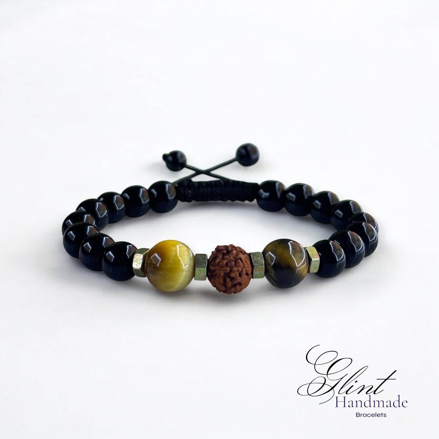 Glint Handmade Black Glass Beads Bracelet with Tiger Eye, Rudraksha, and Brass Bolt Spacers