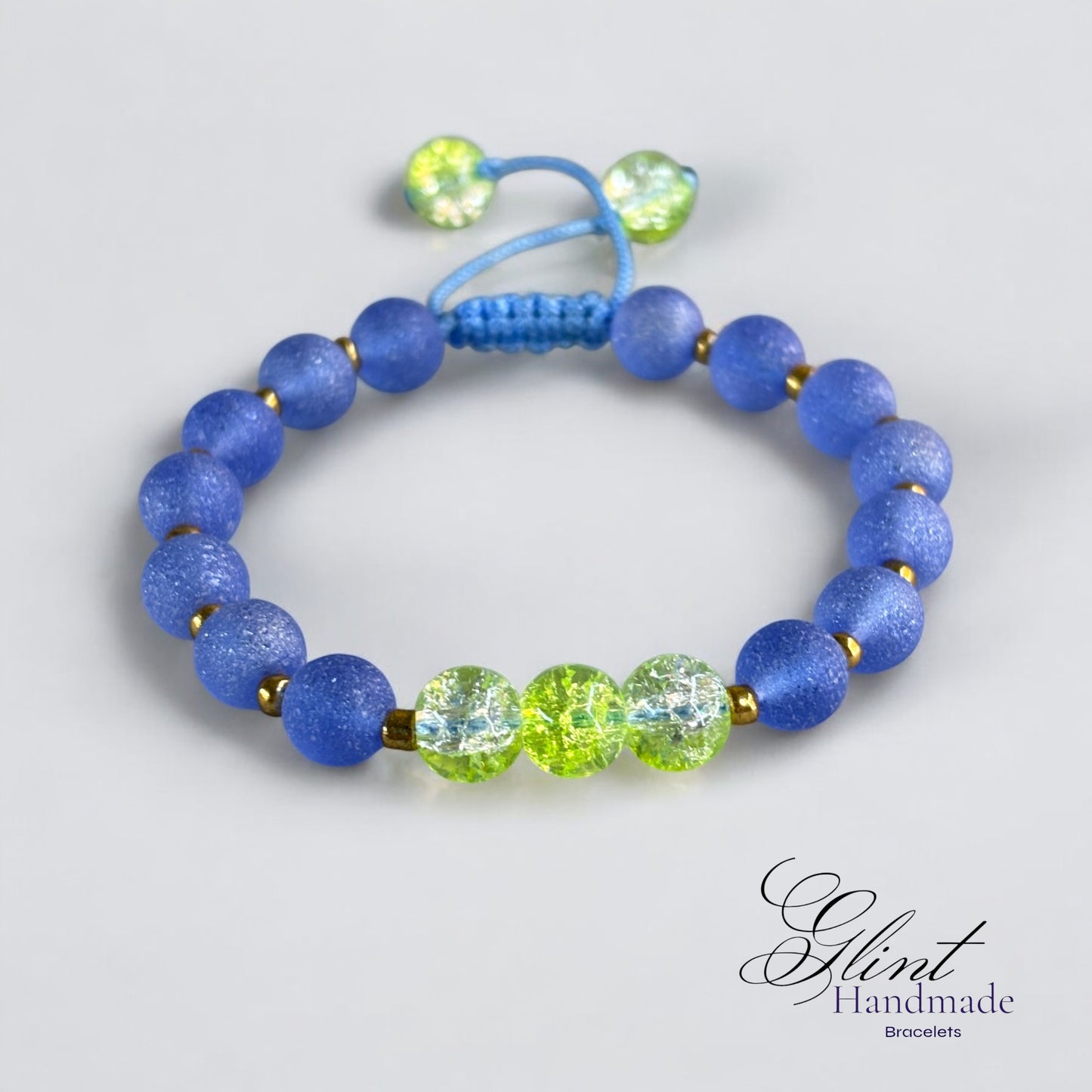 Frosted Blue and Lime crackled beads adjustable bracelet