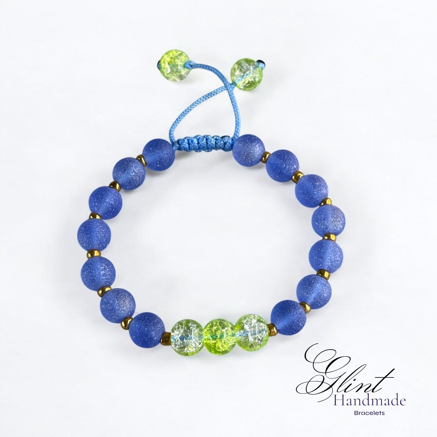 Frosted Blue and Lime crackled beads adjustable bracelet