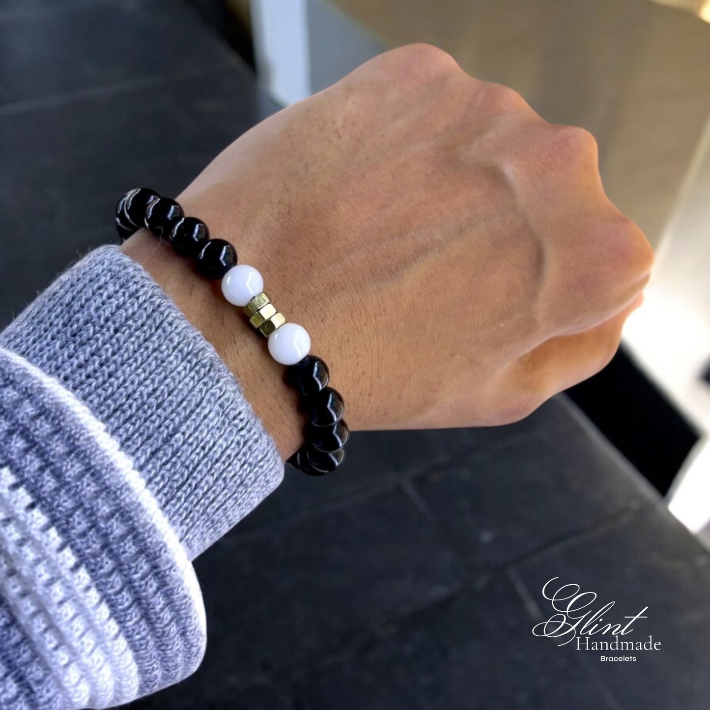 Black and White Bead Macrame Bracelet with Gold Accents