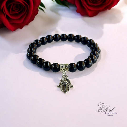 Black Beaded Bracelet with Hamsa Charm