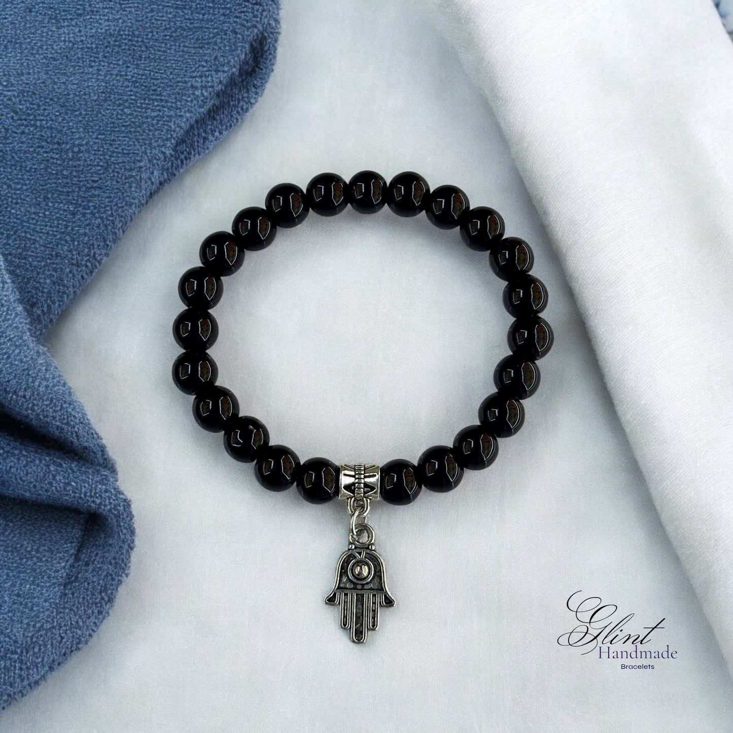 Black Beaded Bracelet with Hamsa Charm