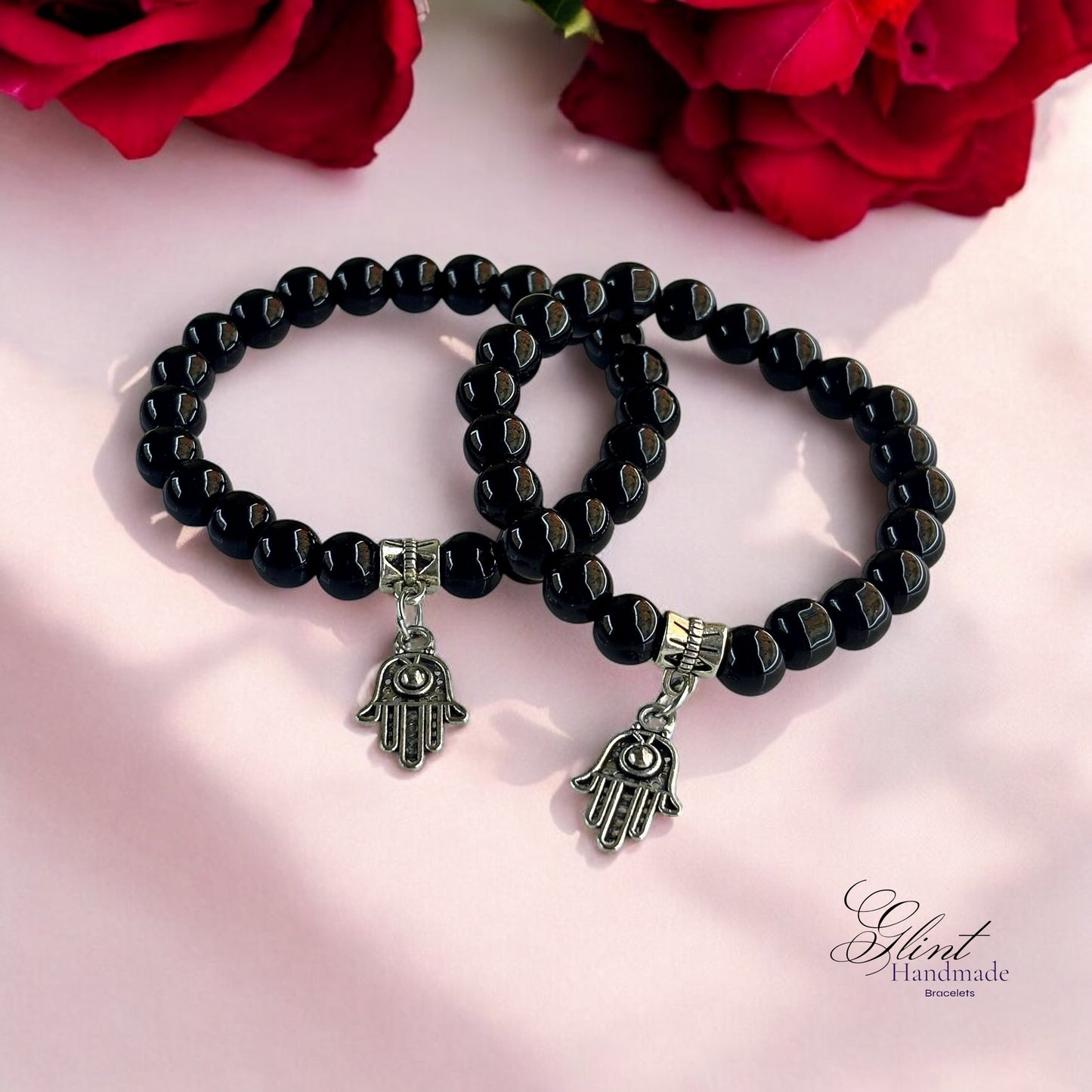 Black Beaded Bracelet with Hamsa Charm